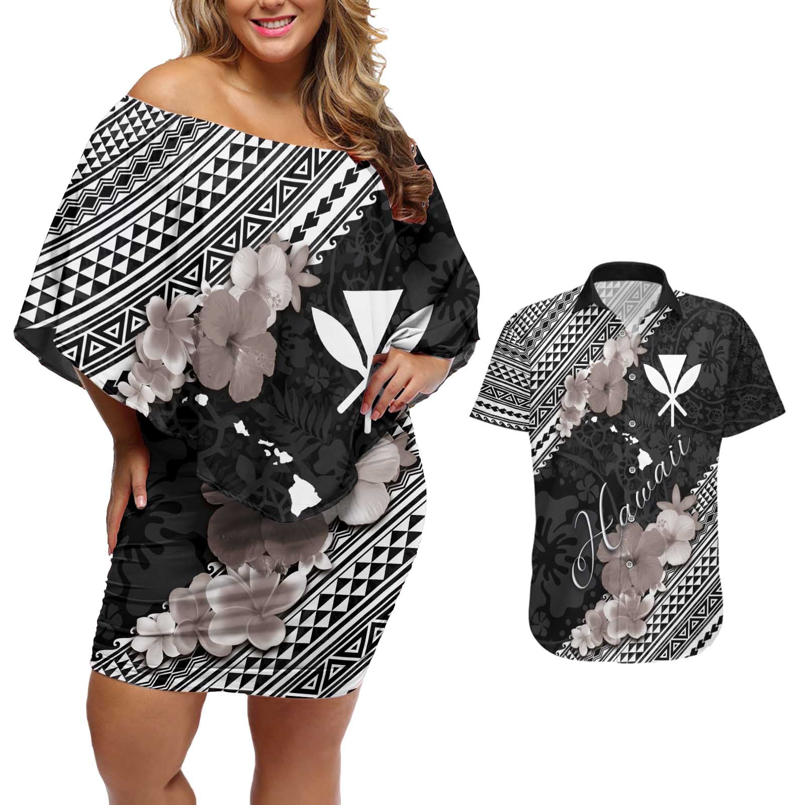 Aloha Hawaii Hibiscus and Plumeria Flowers Couples Matching Off Shoulder Short Dress and Hawaiian Shirt Kanaka Maoli Tattoo Polynesian Pattern Gray Color