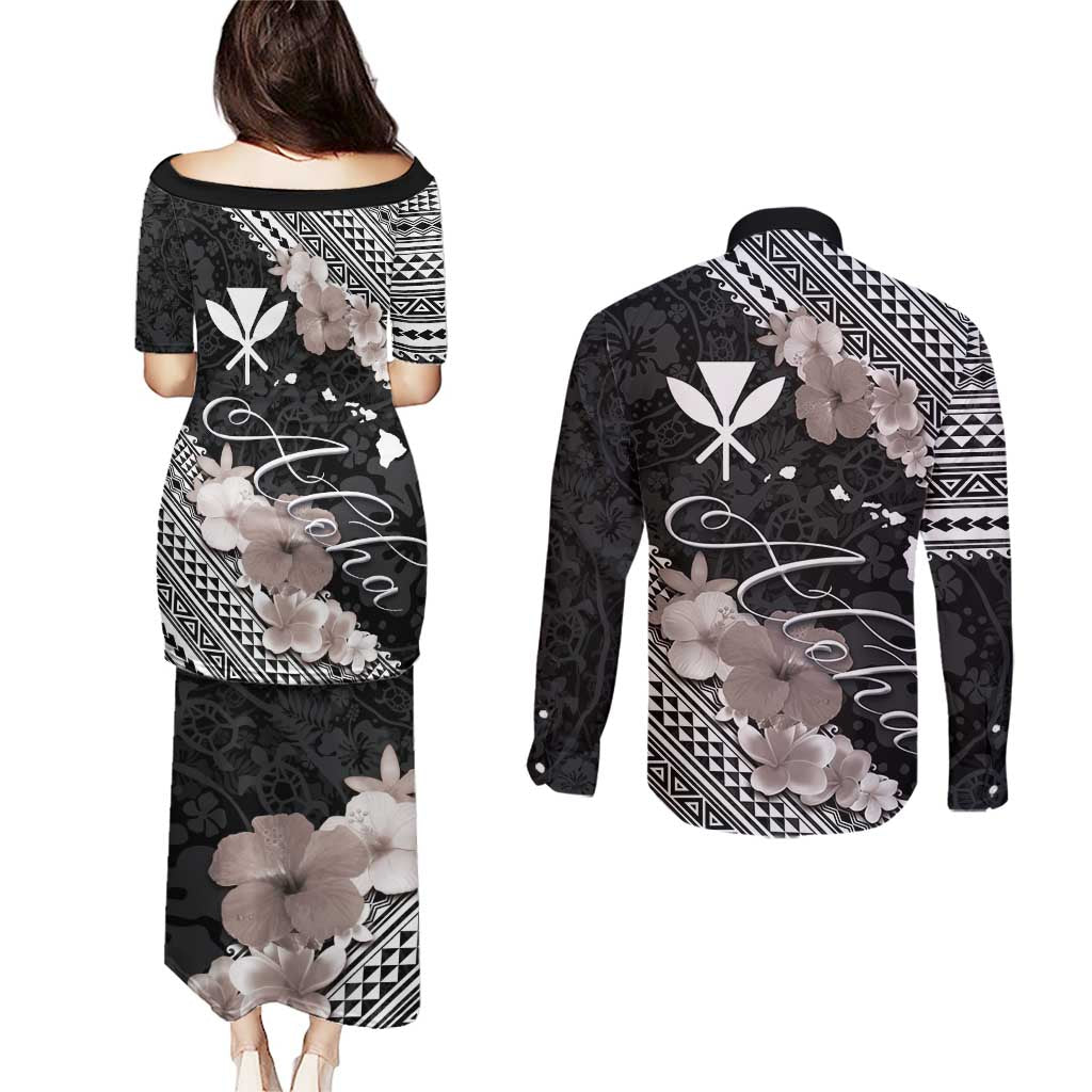 Aloha Hawaii Hibiscus and Plumeria Flowers Couples Matching Puletasi and Long Sleeve Button Shirt Kanaka Maoli Tattoo Polynesian Pattern Gray Color