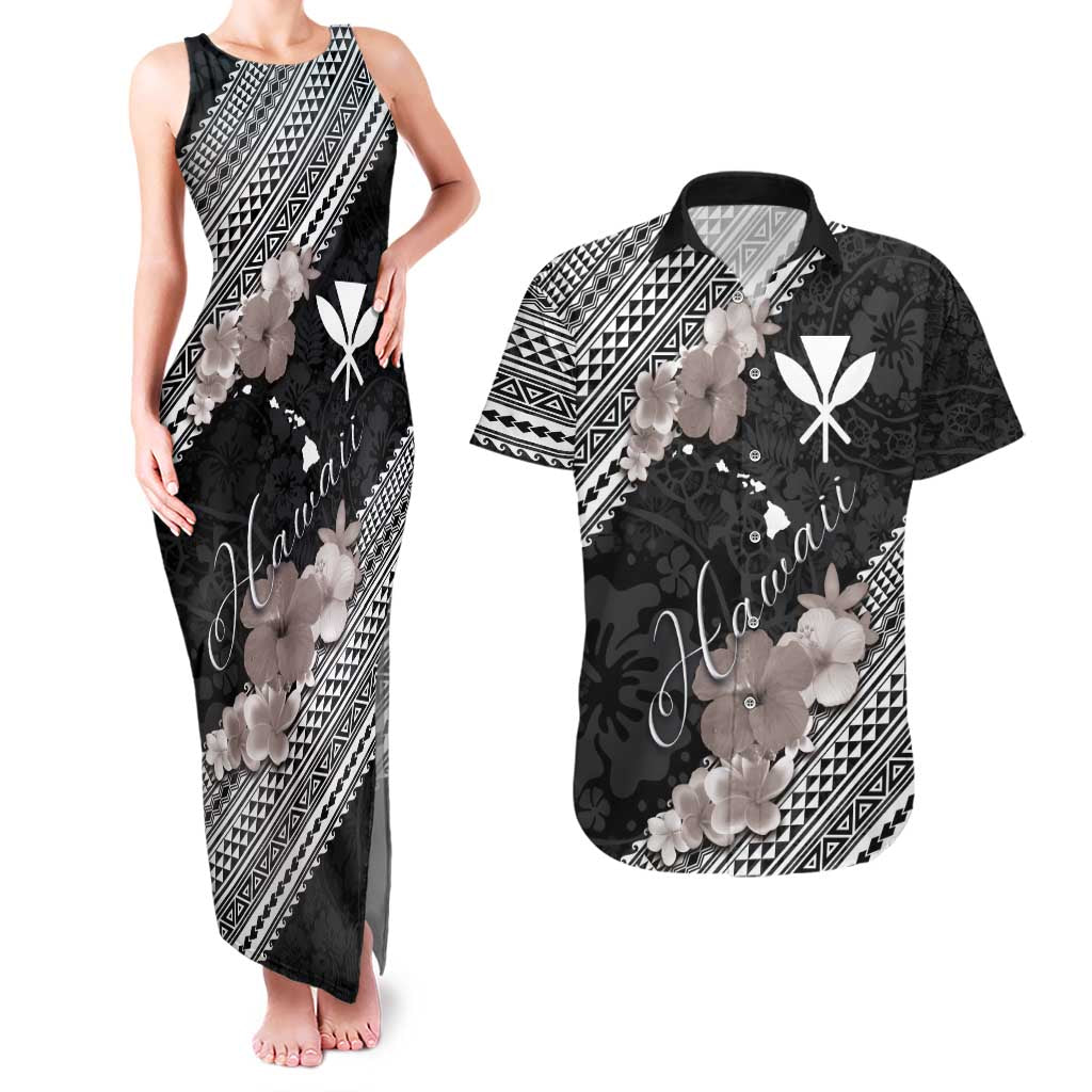 Aloha Hawaii Hibiscus and Plumeria Flowers Couples Matching Tank Maxi Dress and Hawaiian Shirt Kanaka Maoli Tattoo Polynesian Pattern Gray Color