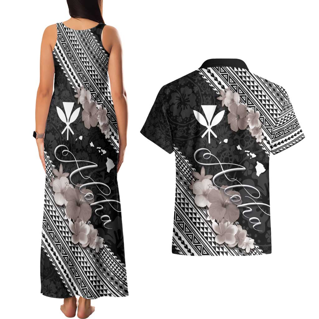 Aloha Hawaii Hibiscus and Plumeria Flowers Couples Matching Tank Maxi Dress and Hawaiian Shirt Kanaka Maoli Tattoo Polynesian Pattern Gray Color