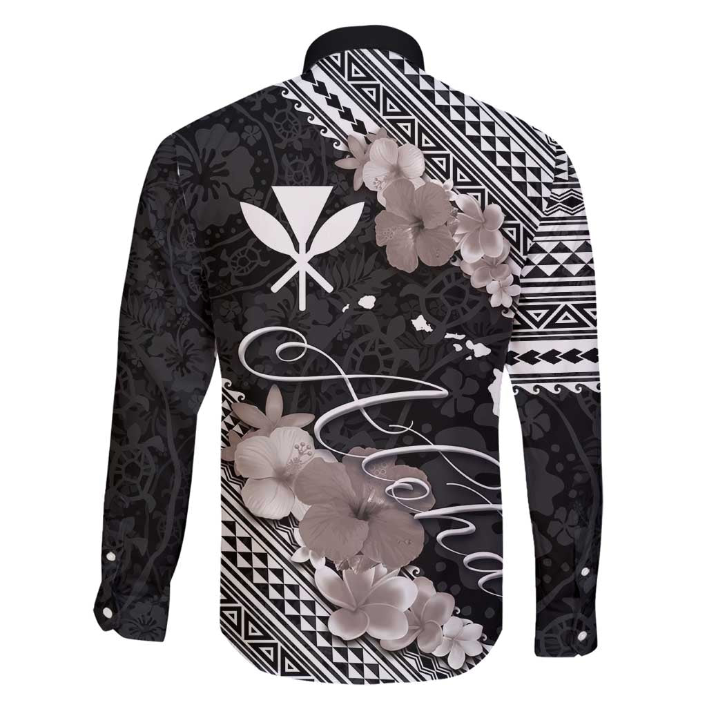 Aloha Hawaii Hibiscus and Plumeria Flowers Family Matching Long Sleeve Bodycon Dress and Hawaiian Shirt Kanaka Maoli Tattoo Polynesian Pattern Gray Color