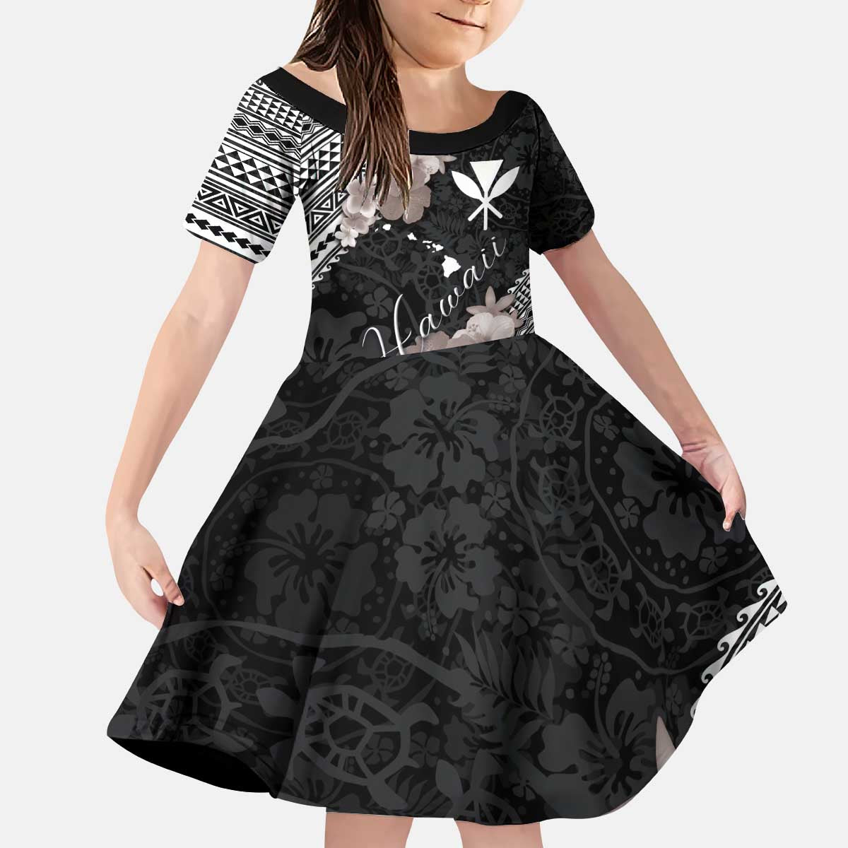 Aloha Hawaii Hibiscus and Plumeria Flowers Kid Short Sleeve Dress Kanaka Maoli Tattoo Polynesian Pattern Gray Color
