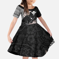 Aloha Hawaii Hibiscus and Plumeria Flowers Kid Short Sleeve Dress Kanaka Maoli Tattoo Polynesian Pattern Gray Color