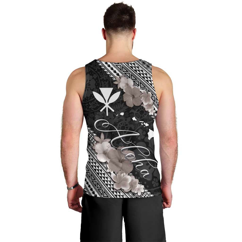 Aloha Hawaii Hibiscus and Plumeria Flowers Men Tank Top Kanaka Maoli Tattoo Polynesian Pattern Gray Color