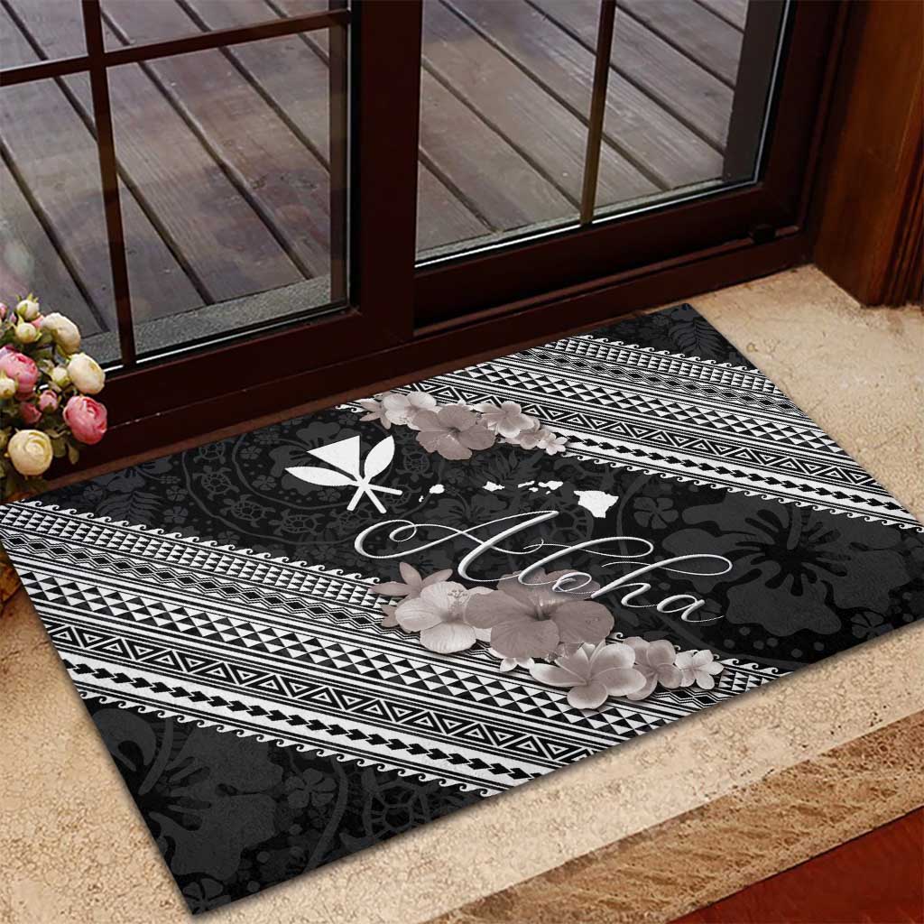 Aloha Hawaii Hibiscus and Plumeria Flowers Rubber Doormat Kanaka Maoli Tattoo Polynesian Pattern Gray Color