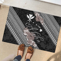 Aloha Hawaii Hibiscus and Plumeria Flowers Rubber Doormat Kanaka Maoli Tattoo Polynesian Pattern Gray Color