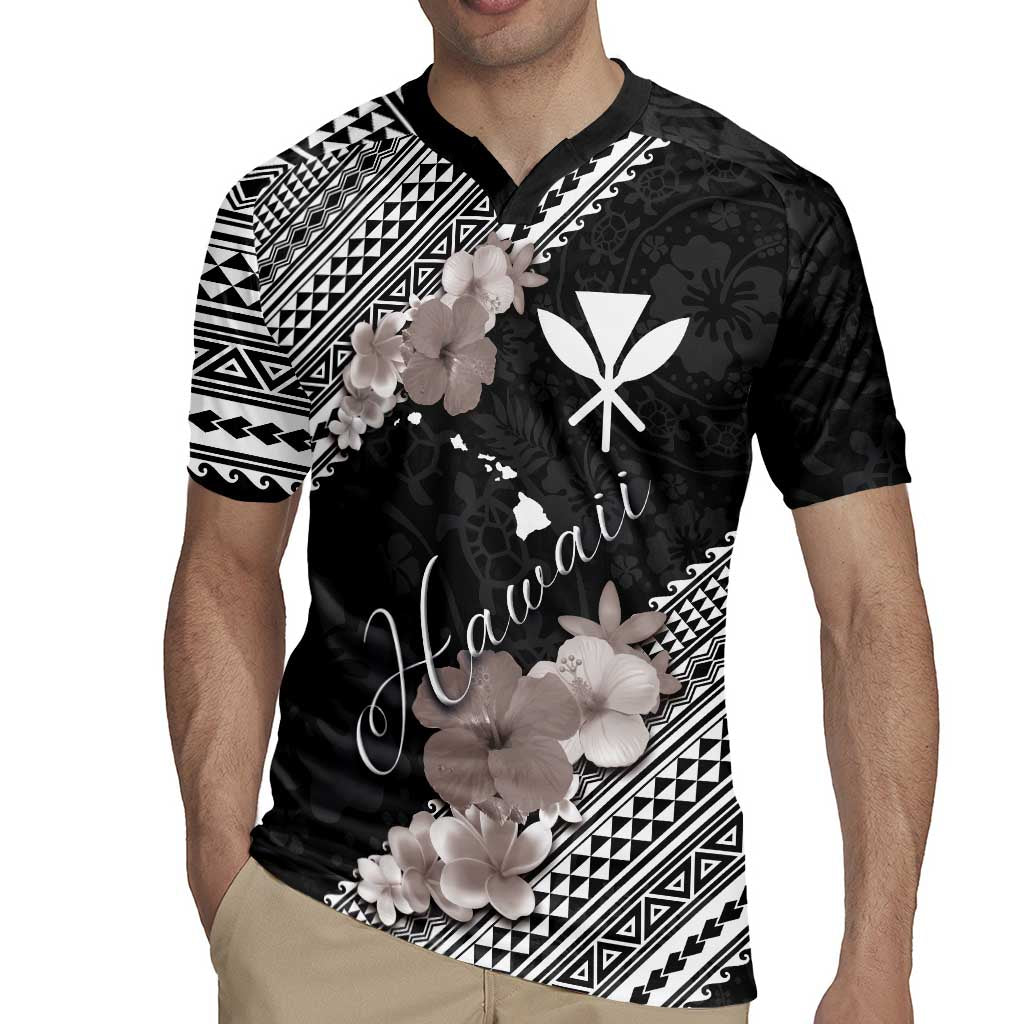 Aloha Hawaii Hibiscus and Plumeria Flowers Rugby Jersey Kanaka Maoli Tattoo Polynesian Pattern Gray Color