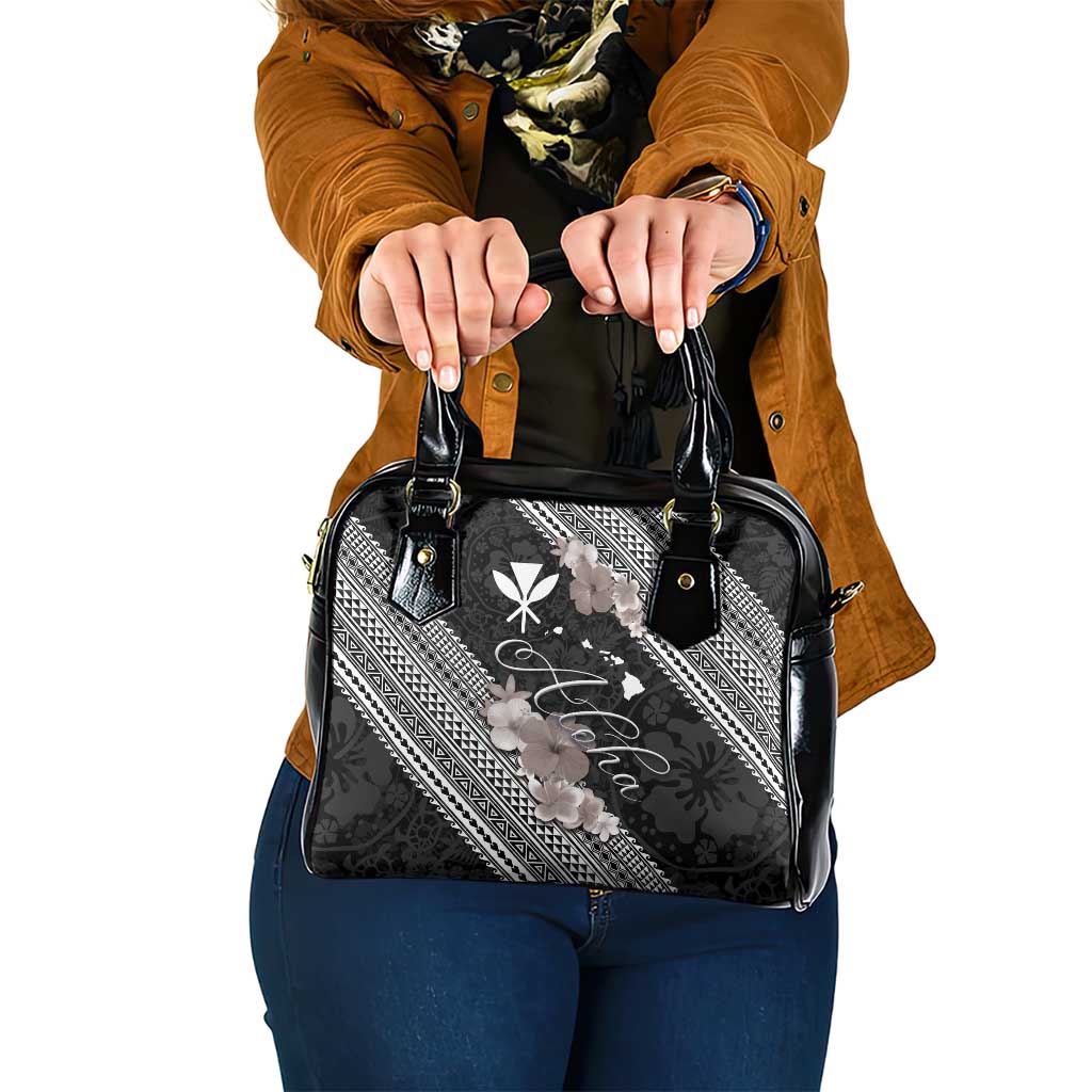 Aloha Hawaii Hibiscus and Plumeria Flowers Shoulder Handbag Kanaka Maoli Tattoo Polynesian Pattern Gray Color