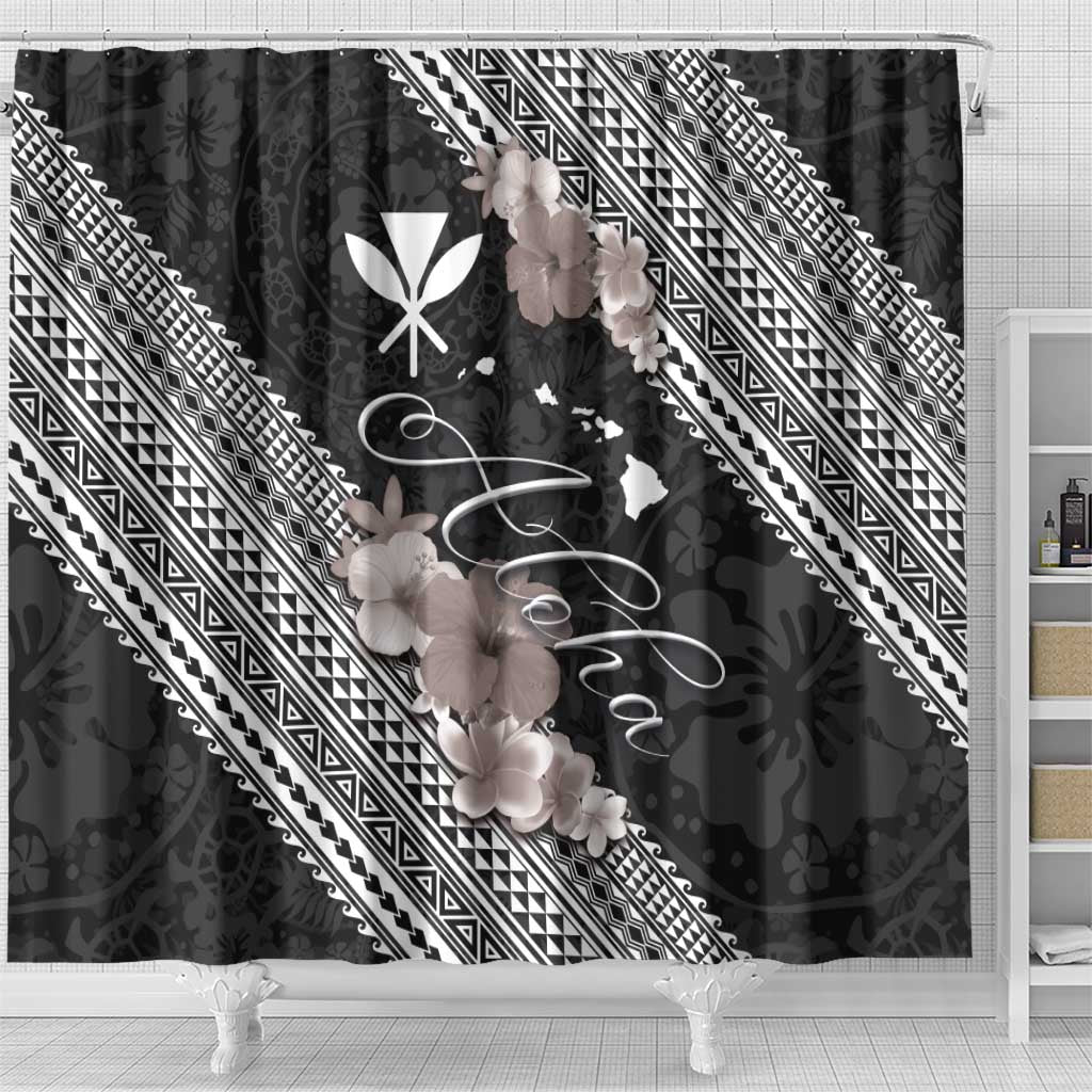 Aloha Hawaii Hibiscus and Plumeria Flowers Shower Curtain Kanaka Maoli Tattoo Polynesian Pattern Gray Color