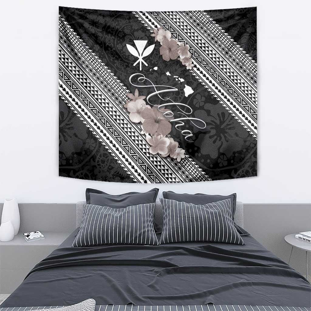 Aloha Hawaii Hibiscus and Plumeria Flowers Tapestry Kanaka Maoli Tattoo Polynesian Pattern Gray Color