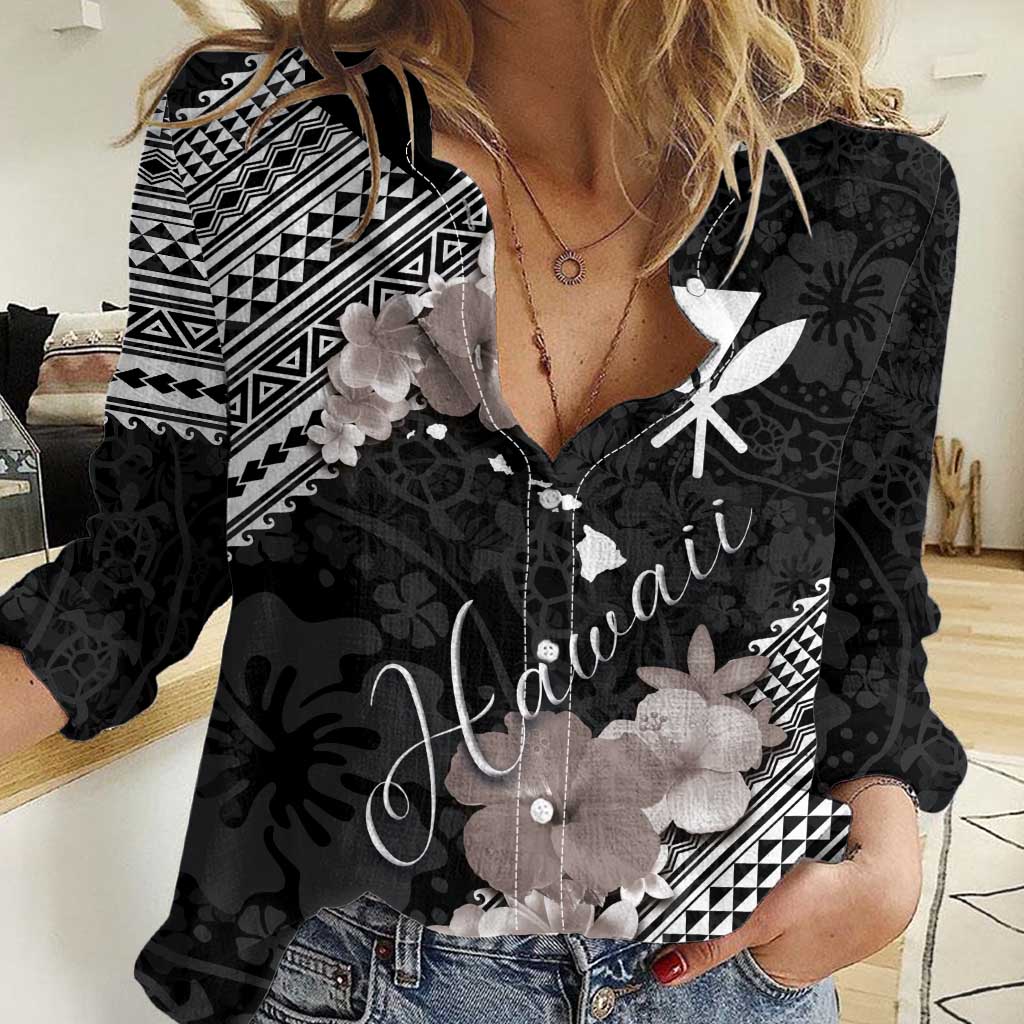 Aloha Hawaii Hibiscus and Plumeria Flowers Women Casual Shirt Kanaka Maoli Tattoo Polynesian Pattern Gray Color