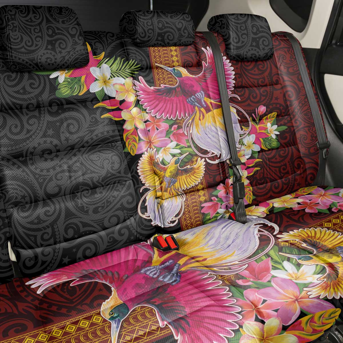 Papua New Guinea Birds and Frangipani Back Car Seat Cover Melanesian Art Tattoos - Polynesian Pride