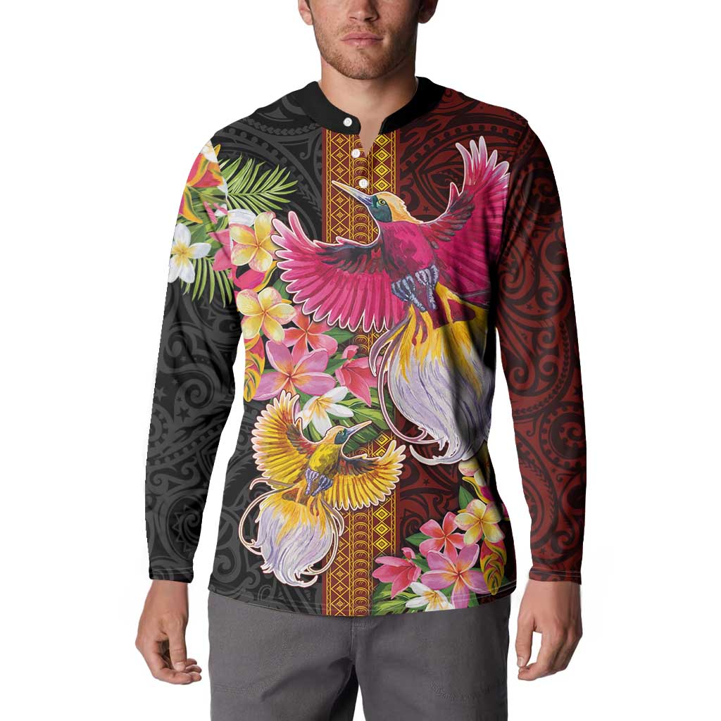 Papua New Guinea Birds and Frangipani Button Sweatshirt Melanesian Art Tattoos - Polynesian Pride