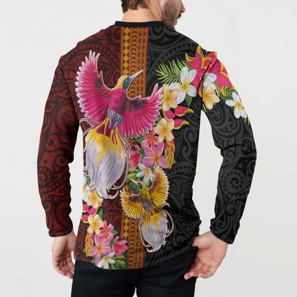 Papua New Guinea Birds and Frangipani Button Sweatshirt Melanesian Art Tattoos - Polynesian Pride