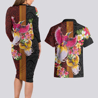 Papua New Guinea Birds and Frangipani Couples Matching Long Sleeve Bodycon Dress and Hawaiian Shirt Melanesian Art Tattoos - Polynesian Pride