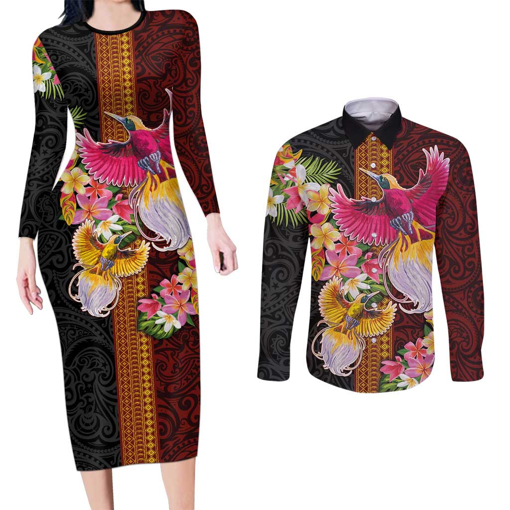 Papua New Guinea Birds and Frangipani Couples Matching Long Sleeve Bodycon Dress and Long Sleeve Button Shirt Melanesian Art Tattoos - Polynesian Pride