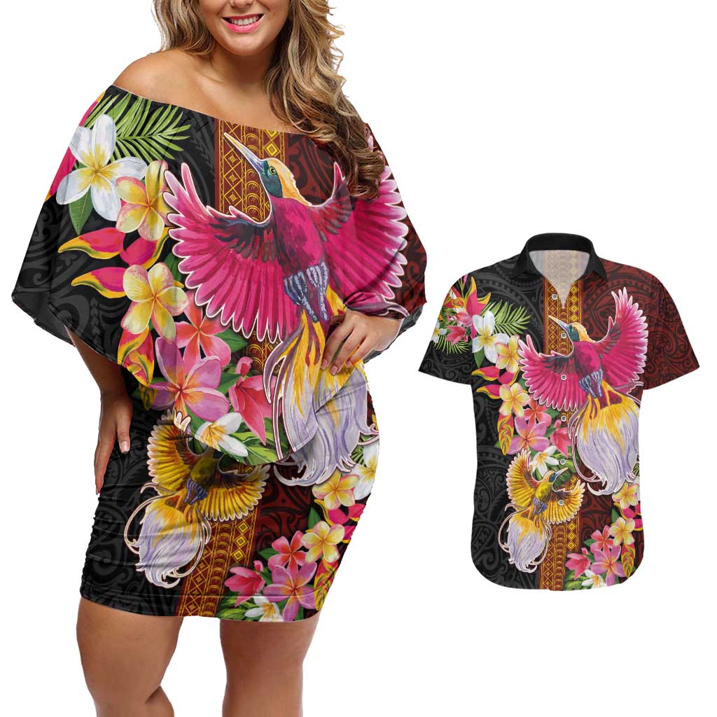 Papua New Guinea Birds and Frangipani Couples Matching Off Shoulder Short Dress and Hawaiian Shirt Melanesian Art Tattoos - Polynesian Pride