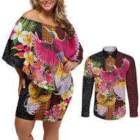 Papua New Guinea Birds and Frangipani Couples Matching Off Shoulder Short Dress and Long Sleeve Button Shirt Melanesian Art Tattoos - Polynesian Pride
