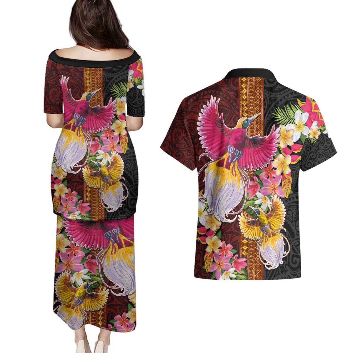 Papua New Guinea Birds and Frangipani Couples Matching Puletasi and Hawaiian Shirt Melanesian Art Tattoos - Polynesian Pride