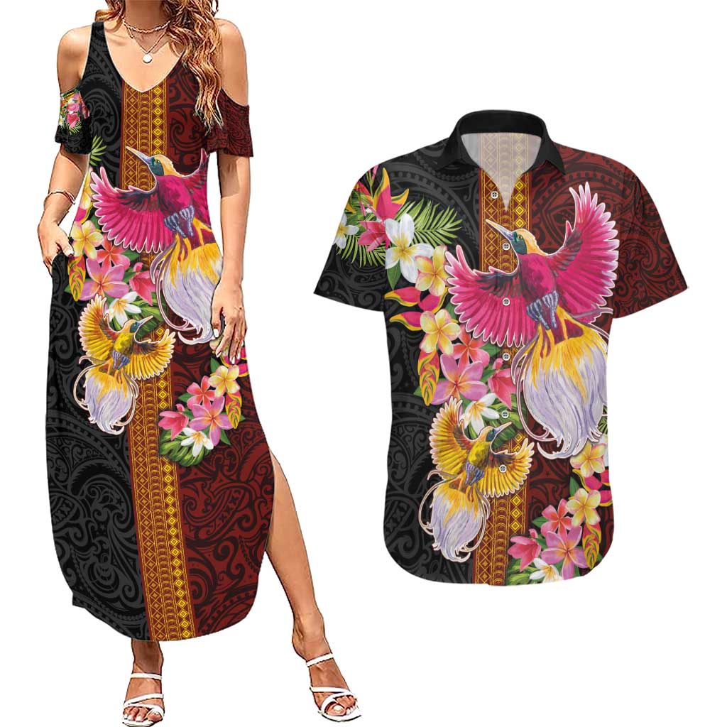 Papua New Guinea Birds and Frangipani Couples Matching Summer Maxi Dress and Hawaiian Shirt Melanesian Art Tattoos - Polynesian Pride