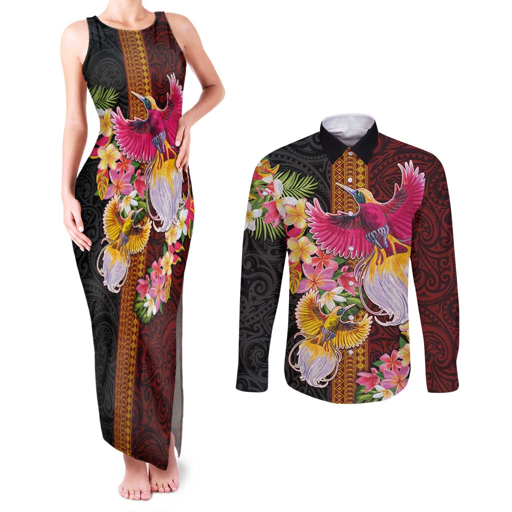Papua New Guinea Birds and Frangipani Couples Matching Tank Maxi Dress and Long Sleeve Button Shirt Melanesian Art Tattoos - Polynesian Pride