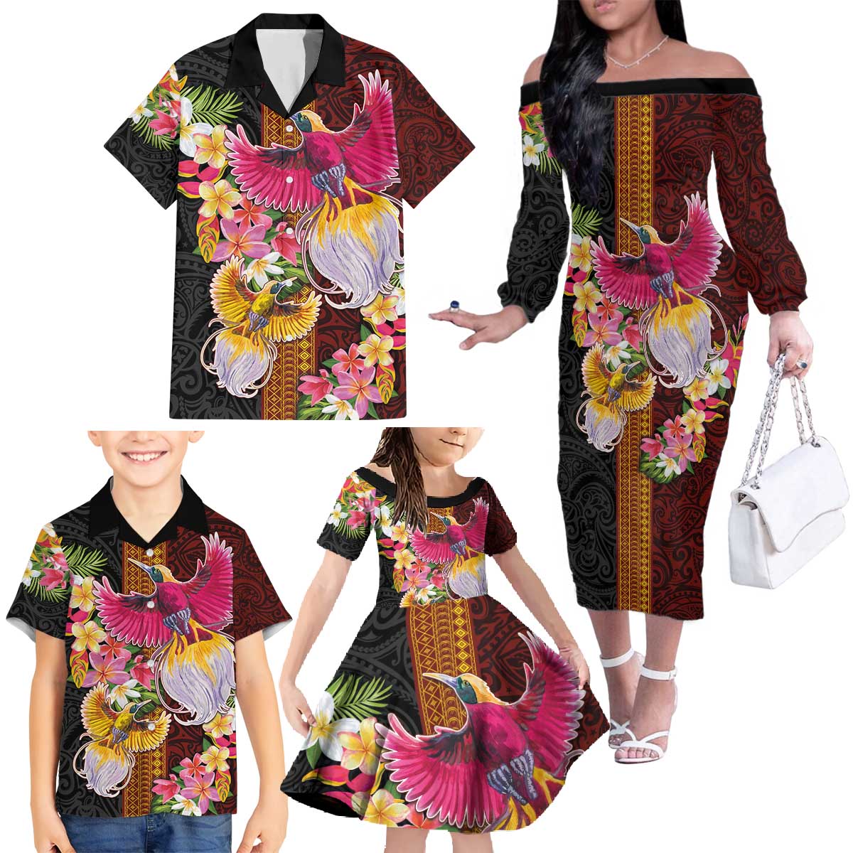 Papua New Guinea Birds and Frangipani Family Matching Off The Shoulder Long Sleeve Dress and Hawaiian Shirt Melanesian Art Tattoos - Polynesian Pride