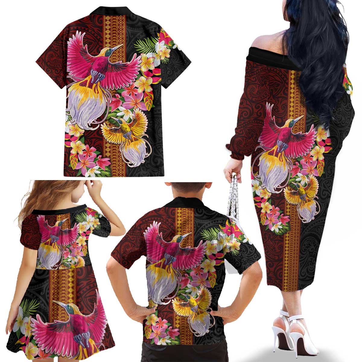 Papua New Guinea Birds and Frangipani Family Matching Off The Shoulder Long Sleeve Dress and Hawaiian Shirt Melanesian Art Tattoos - Polynesian Pride