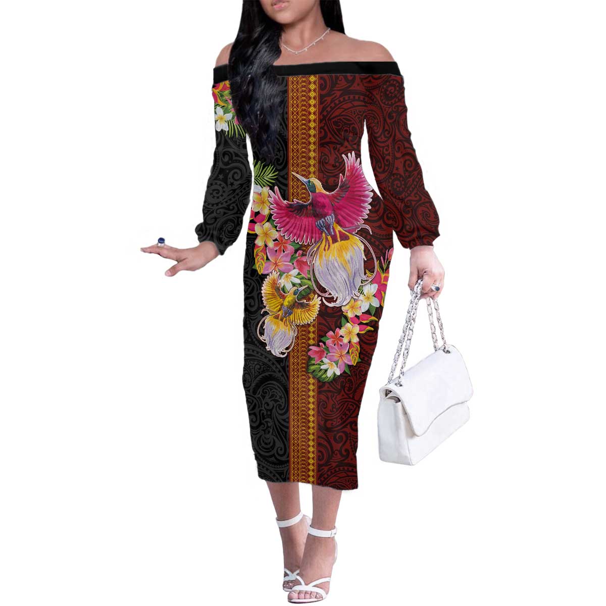 Papua New Guinea Birds and Frangipani Family Matching Off The Shoulder Long Sleeve Dress and Hawaiian Shirt Melanesian Art Tattoos - Polynesian Pride