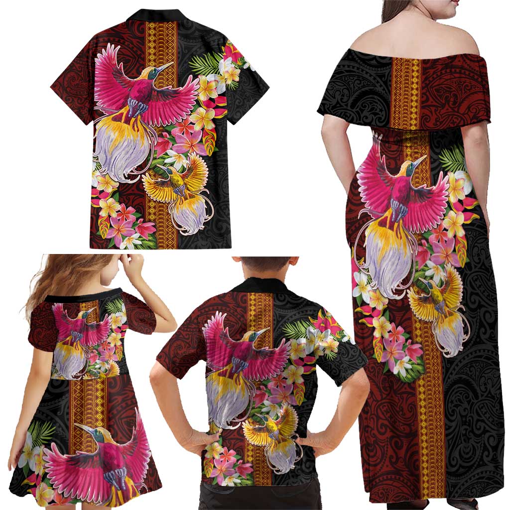 Papua New Guinea Birds and Frangipani Family Matching Off Shoulder Maxi Dress and Hawaiian Shirt Melanesian Art Tattoos - Polynesian Pride