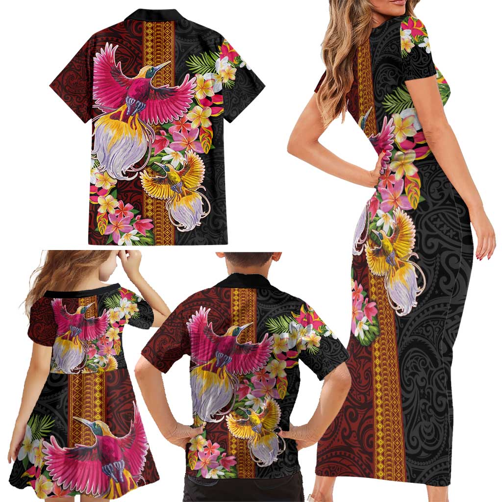 Papua New Guinea Birds and Frangipani Family Matching Short Sleeve Bodycon Dress and Hawaiian Shirt Melanesian Art Tattoos - Polynesian Pride