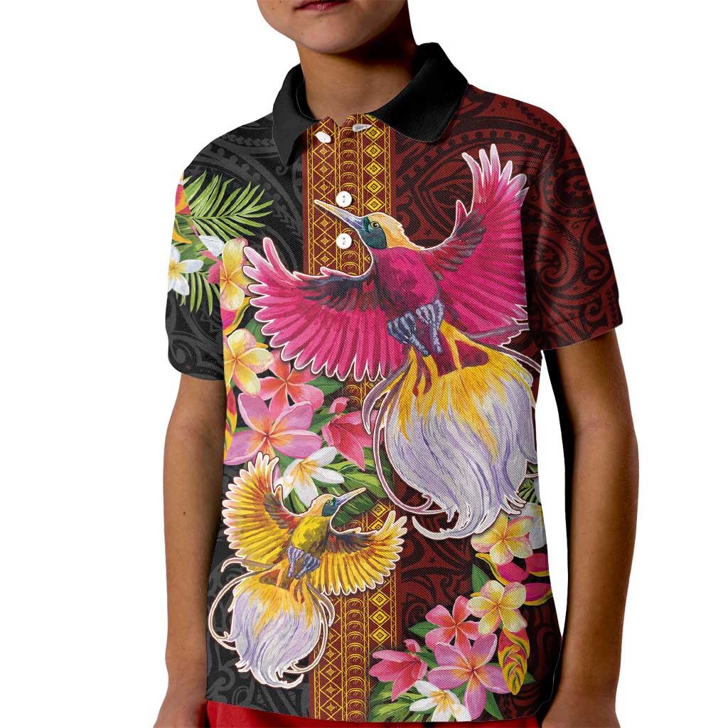 Papua New Guinea Birds and Frangipani Kid Polo Shirt Melanesian Art Tattoos - Polynesian Pride
