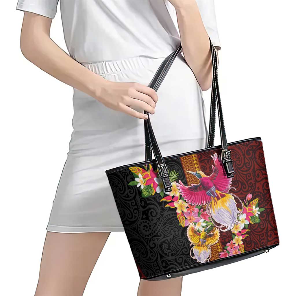 Papua New Guinea Birds and Frangipani Leather Tote Bag Melanesian Art Tattoos - Polynesian Pride
