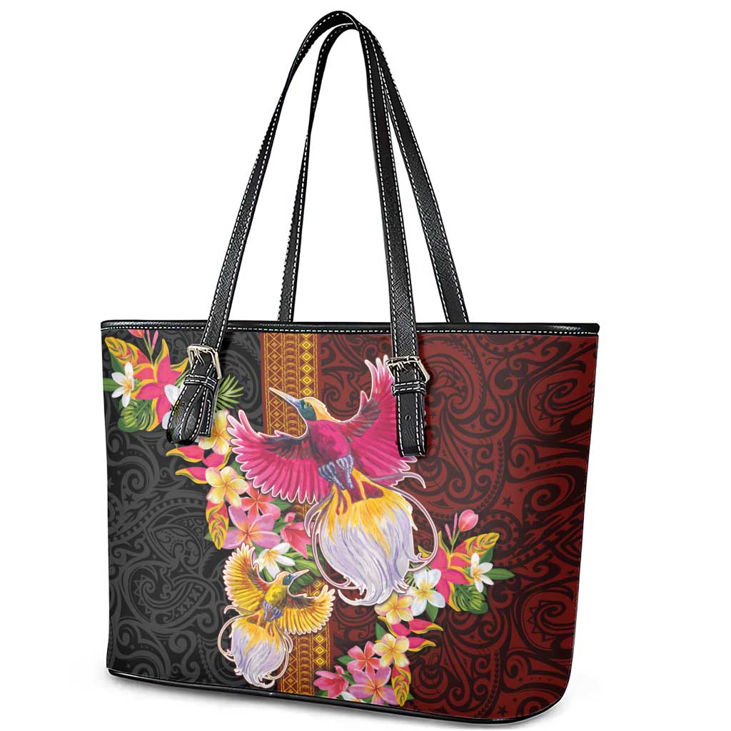 Papua New Guinea Birds and Frangipani Leather Tote Bag Melanesian Art Tattoos - Polynesian Pride