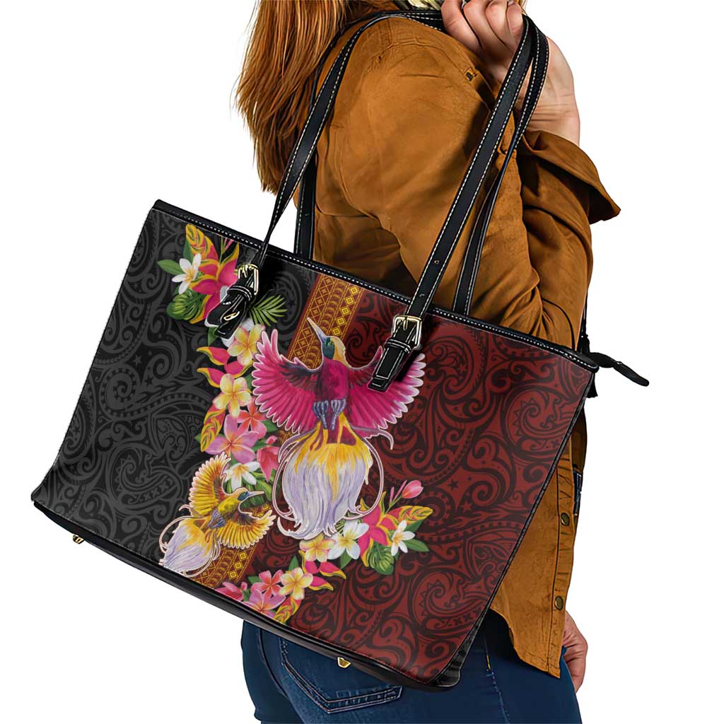 Papua New Guinea Birds and Frangipani Leather Tote Bag Melanesian Art Tattoos - Polynesian Pride