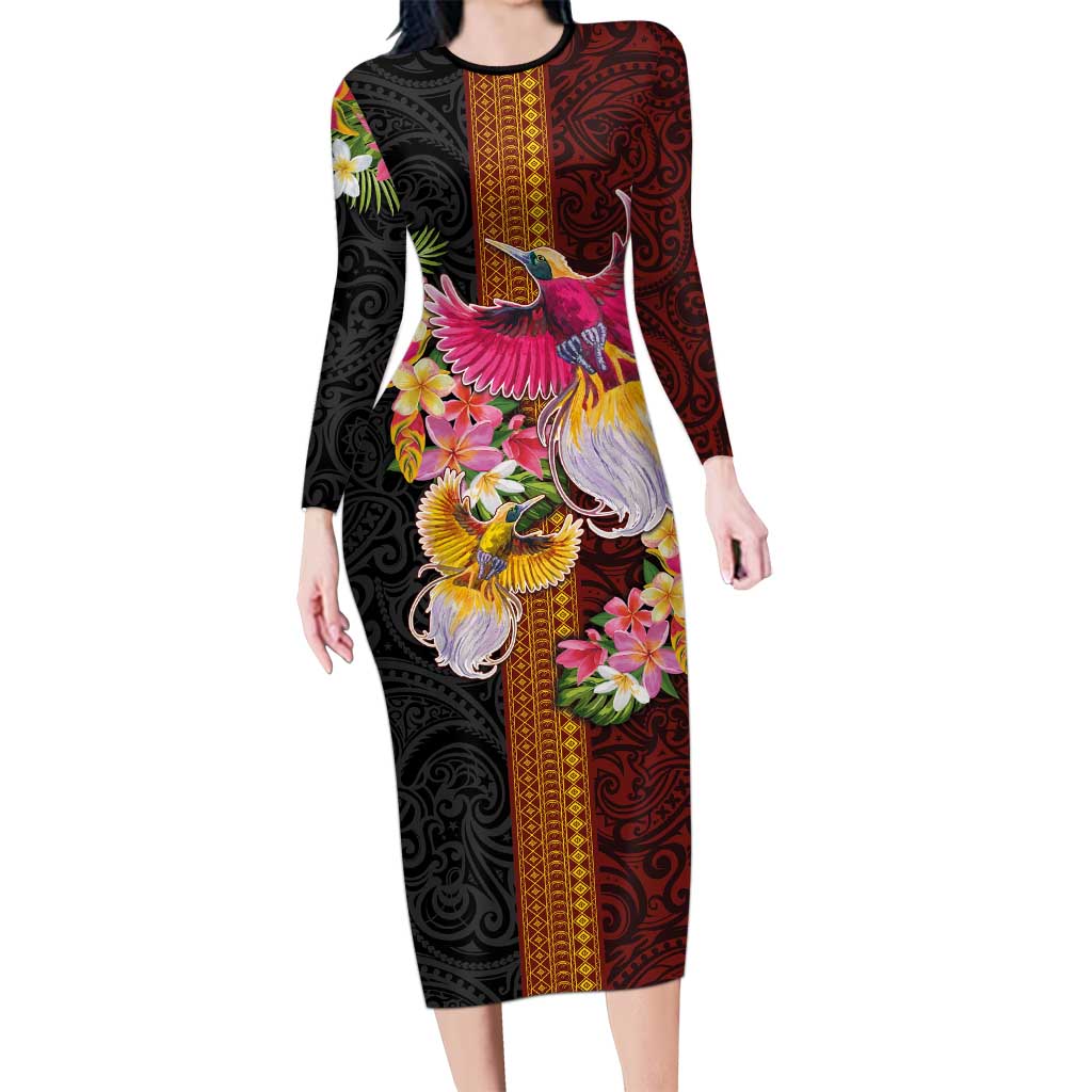 Papua New Guinea Birds and Frangipani Long Sleeve Bodycon Dress Melanesian Art Tattoos - Polynesian Pride