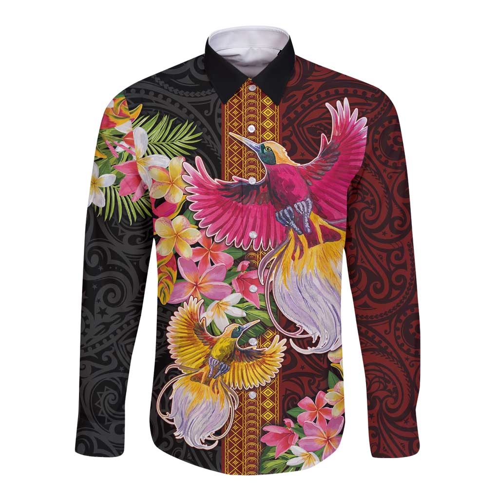 Papua New Guinea Birds and Frangipani Long Sleeve Button Shirt Melanesian Art Tattoos - Polynesian Pride