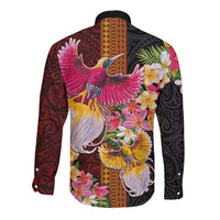 Papua New Guinea Birds and Frangipani Long Sleeve Button Shirt Melanesian Art Tattoos - Polynesian Pride