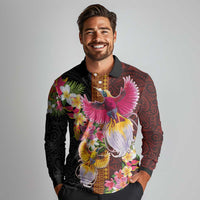 Papua New Guinea Birds and Frangipani Long Sleeve Polo Shirt Melanesian Art Tattoos - Polynesian Pride