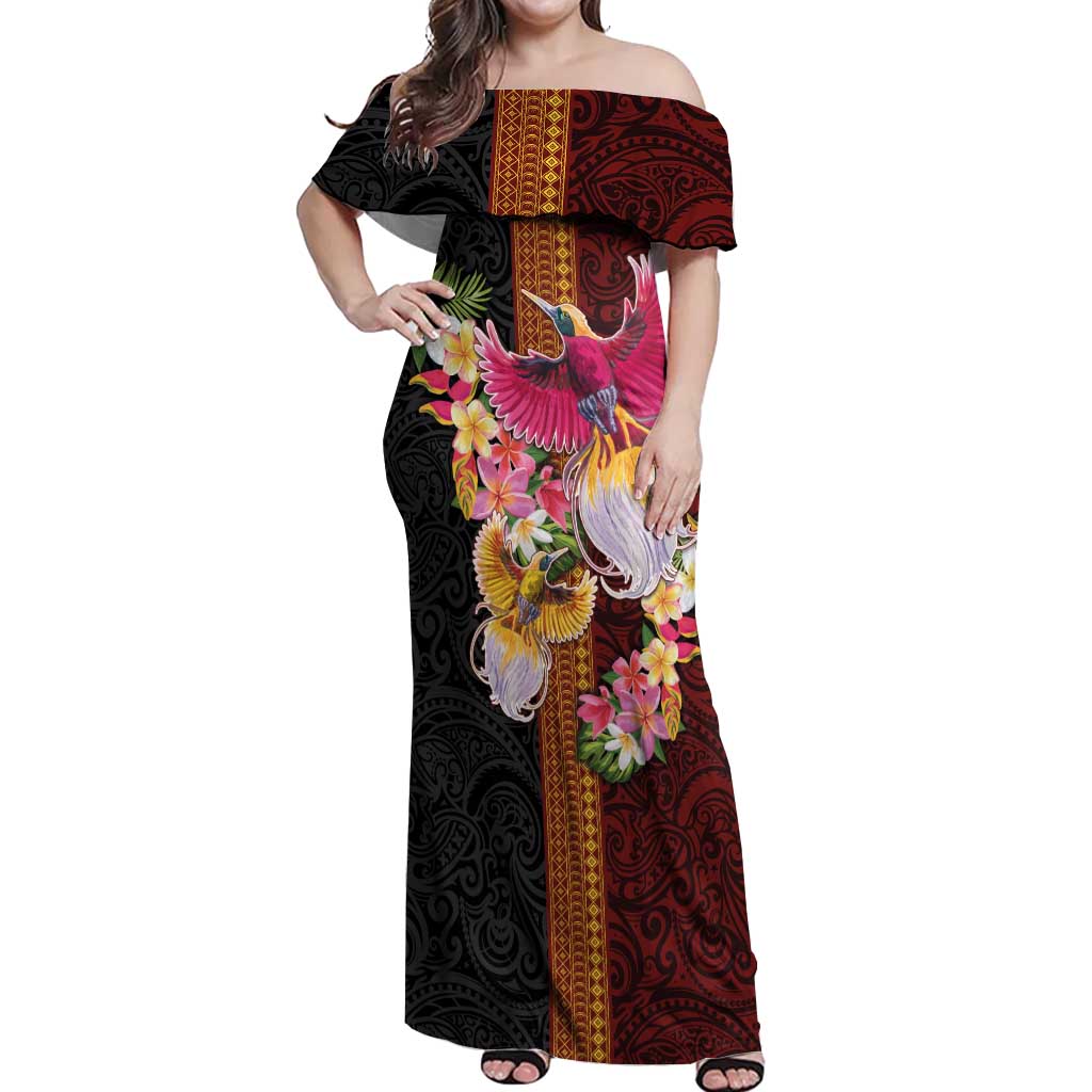 Papua New Guinea Birds and Frangipani Off Shoulder Maxi Dress Melanesian Art Tattoos - Polynesian Pride