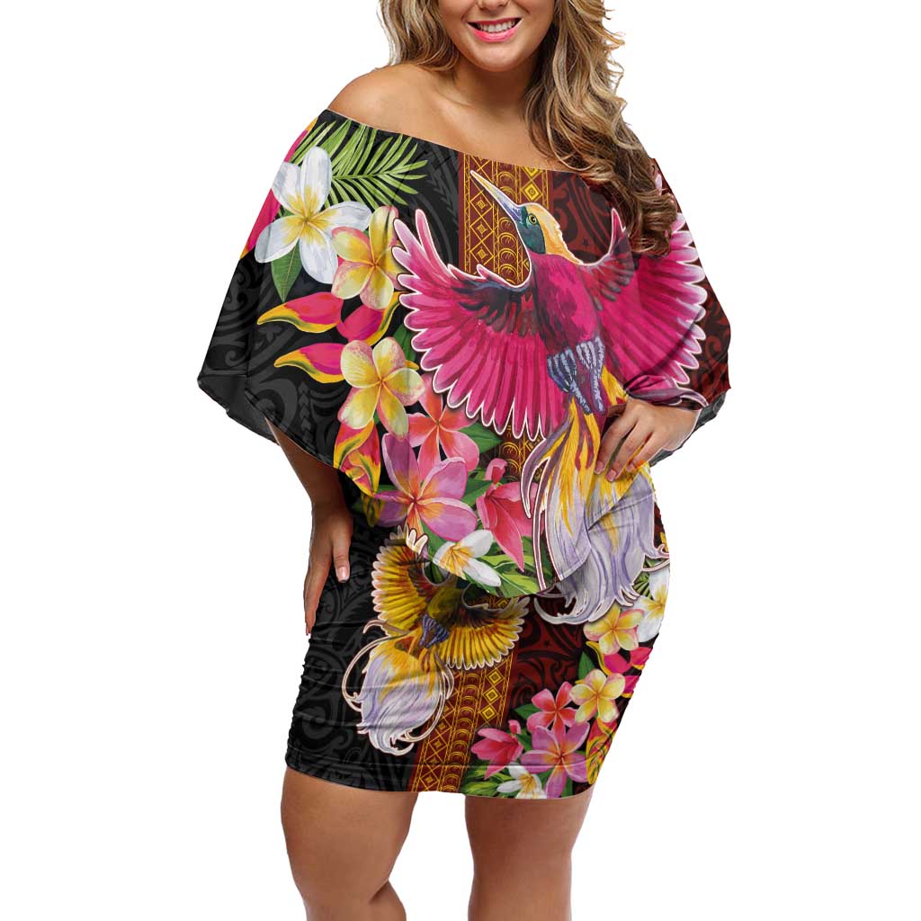 Papua New Guinea Birds and Frangipani Off Shoulder Short Dress Melanesian Art Tattoos - Polynesian Pride