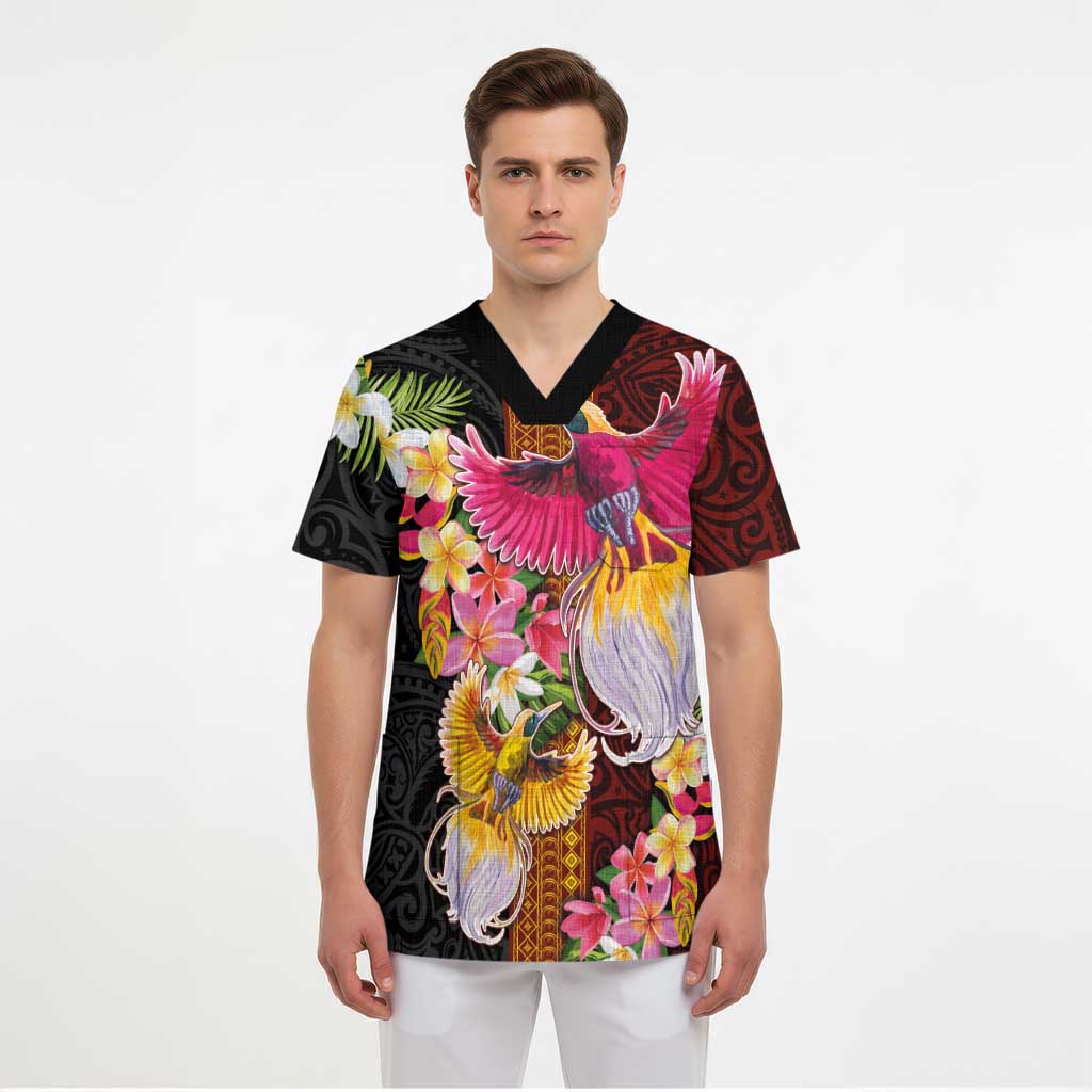 Papua New Guinea Birds and Frangipani Scrub Top Melanesian Art Tattoos - Polynesian Pride