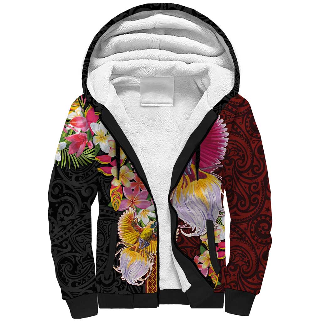 Papua New Guinea Birds and Frangipani Sherpa Hoodie Melanesian Art Tattoos - Polynesian Pride