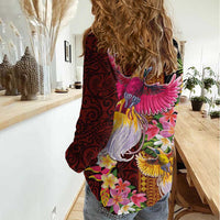 Papua New Guinea Birds and Frangipani Women Casual Shirt Melanesian Art Tattoos - Polynesian Pride