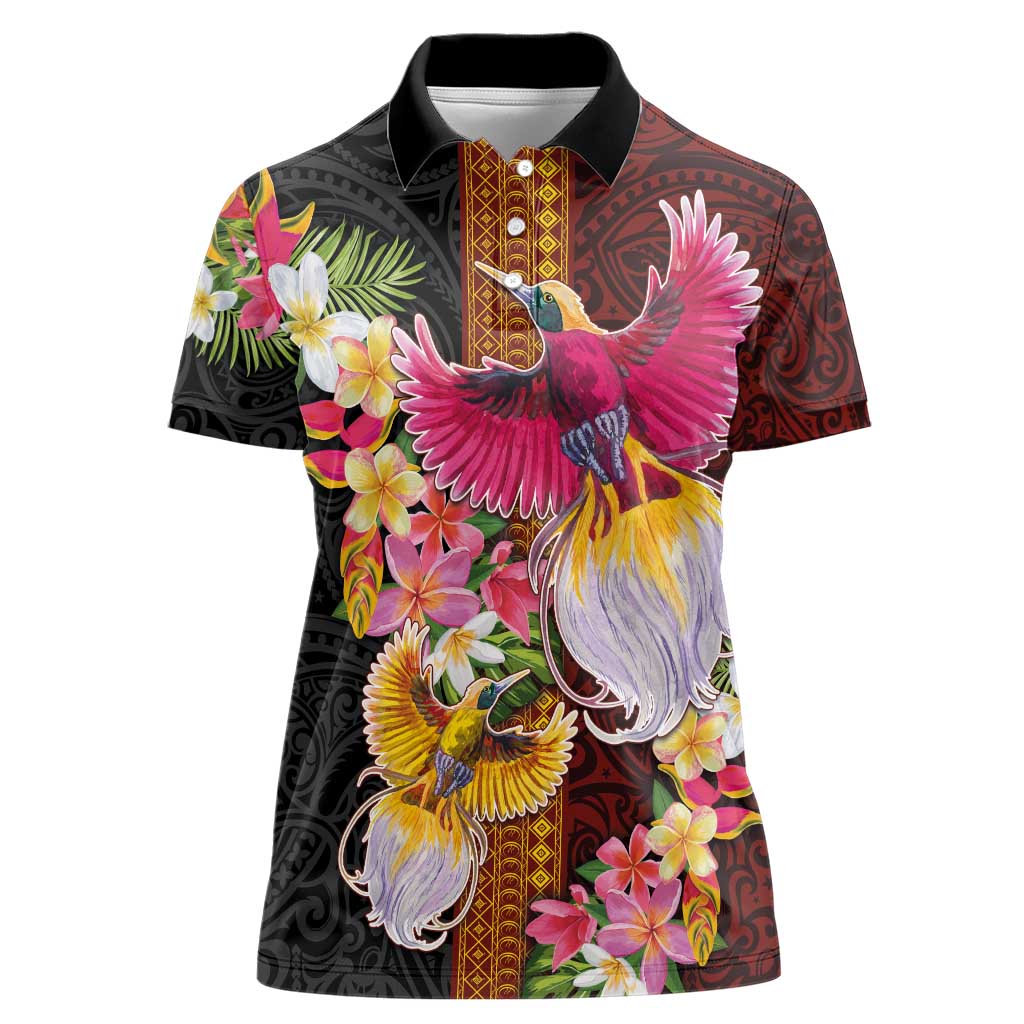 Papua New Guinea Birds and Frangipani Women Polo Shirt Melanesian Art Tattoos - Polynesian Pride