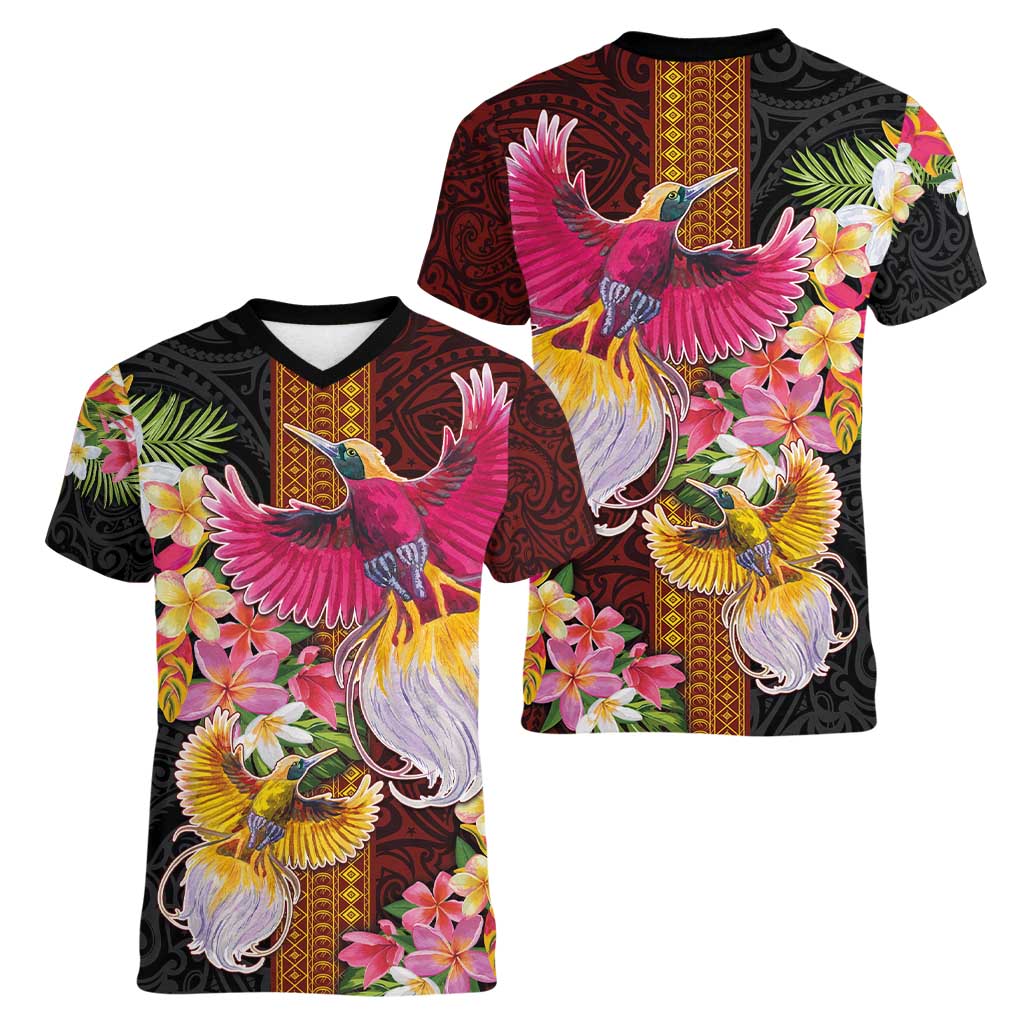 Papua New Guinea Birds and Frangipani Women V-Neck T-Shirt Melanesian Art Tattoos - Polynesian Pride