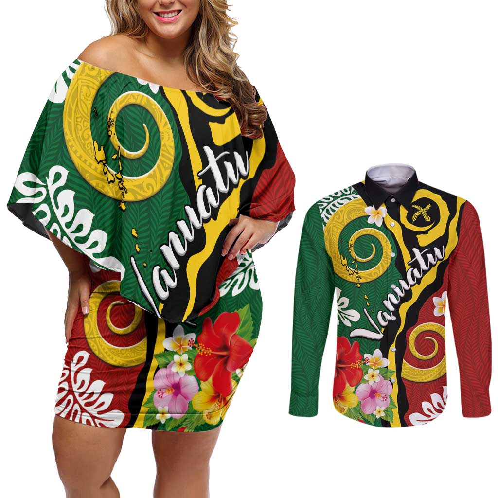 Melanesian Vanuatu Tribal Boar Tusk Couples Matching Off Shoulder Short Dress and Long Sleeve Button Shirt Tropical Plants and Namele Motifs - Polynesian Pride