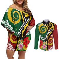 Melanesian Vanuatu Tribal Boar Tusk Couples Matching Off Shoulder Short Dress and Long Sleeve Button Shirt Tropical Plants and Namele Motifs - Polynesian Pride