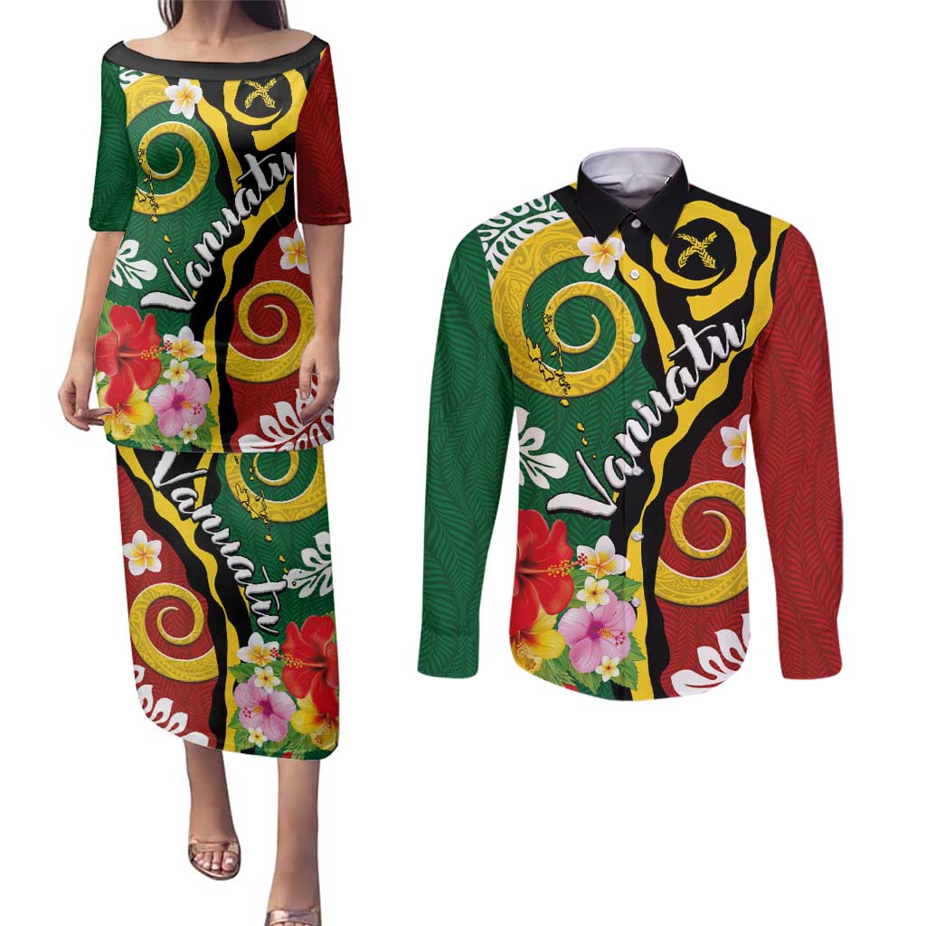 Melanesian Vanuatu Tribal Boar Tusk Couples Matching Puletasi and Long Sleeve Button Shirt Tropical Plants and Namele Motifs - Polynesian Pride