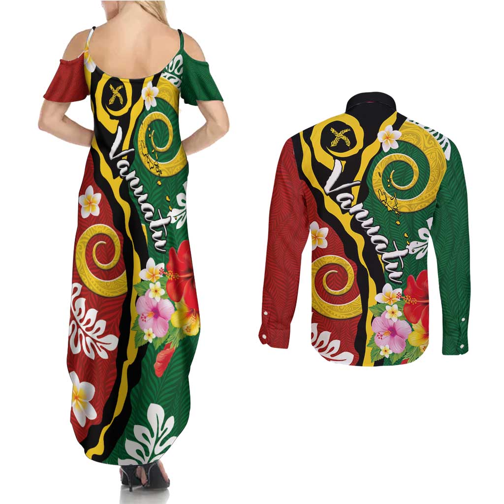 Melanesian Vanuatu Tribal Boar Tusk Couples Matching Summer Maxi Dress and Long Sleeve Button Shirt Tropical Plants and Namele Motifs - Polynesian Pride