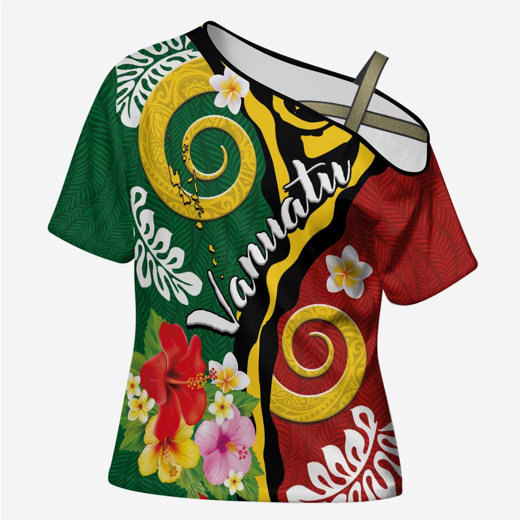 Melanesian Vanuatu Tribal Boar Tusk Cross Shoulder Shirt Tropical Plants and Namele Motifs LT03 Female Green - Polynesian Pride